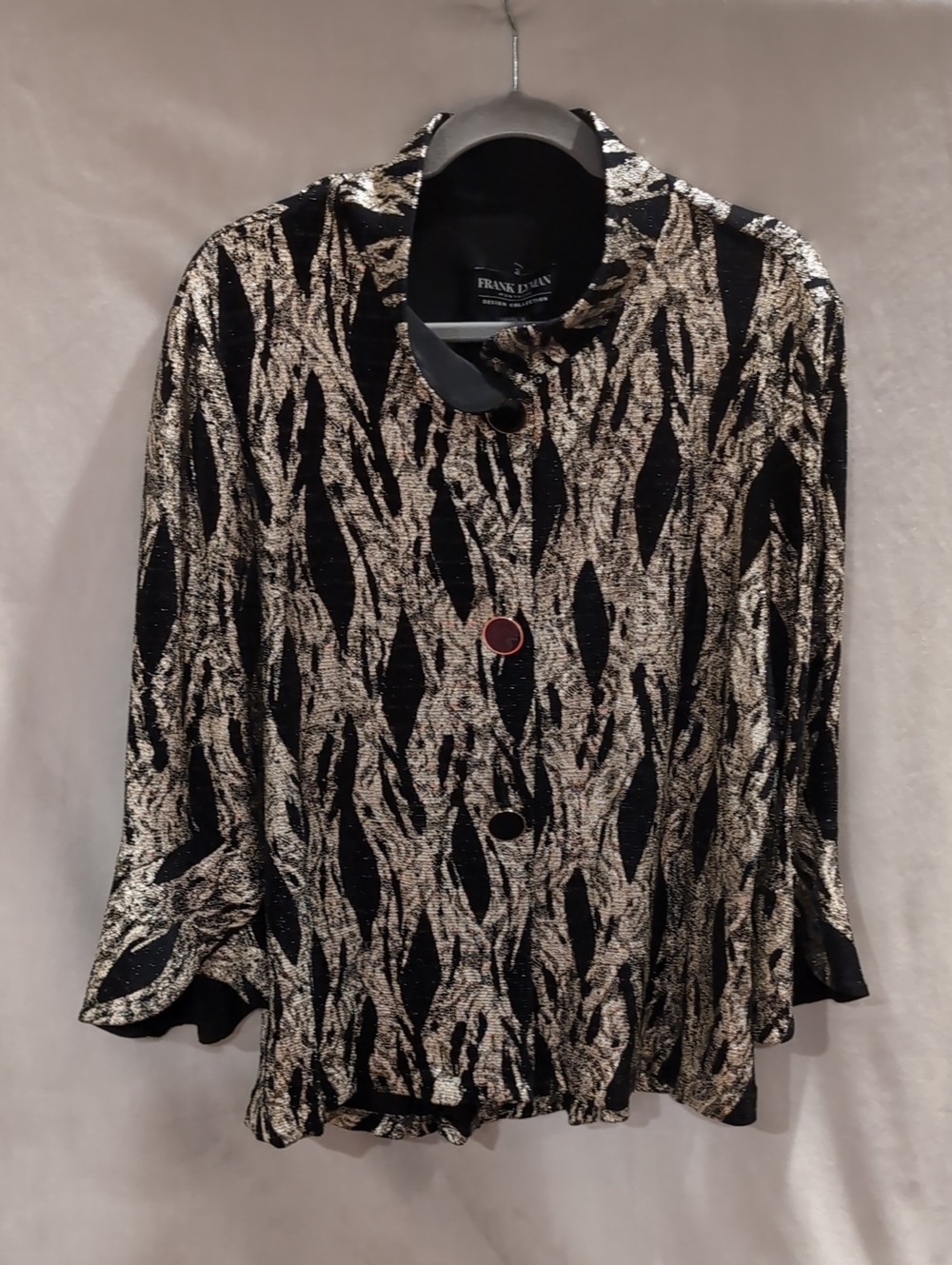 Frank Lyman Design Black and Gold Patterned Women's Button Front Top